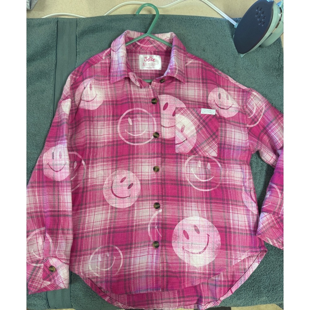 Justice Girls Pink Plaid Smiley Face Flannel Button Down Shirt Size S 7/8 - Picture 3 of 8